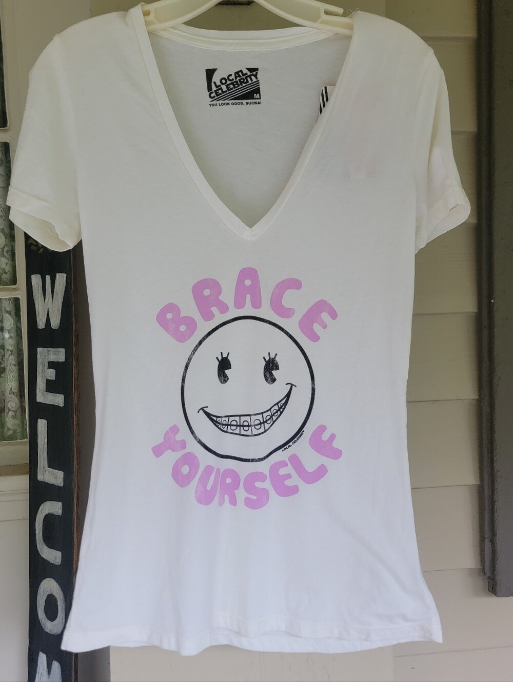 Vtg 2010 Local Celebrity Brace Yourself White V-Neck Graphic Tee MADE IN USA nwt